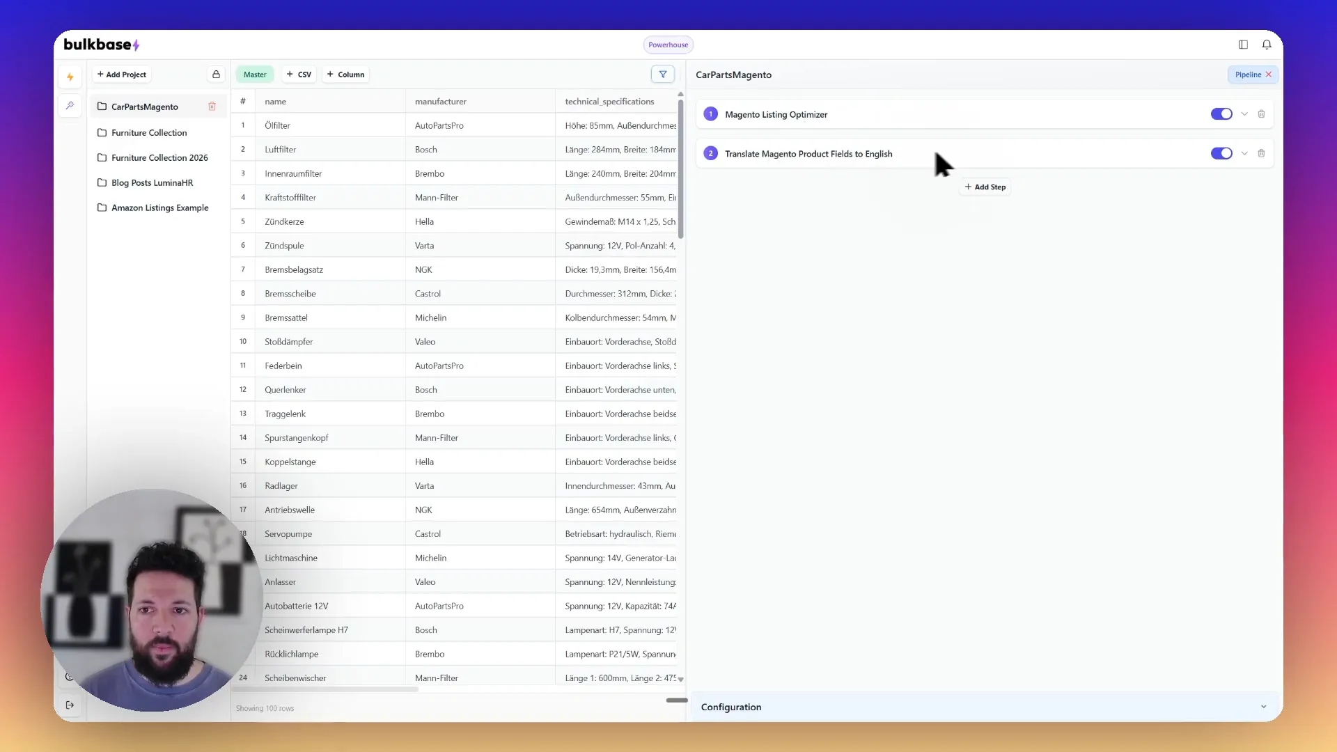 Bulkbase workflow walkthrough — CSV upload to processed output